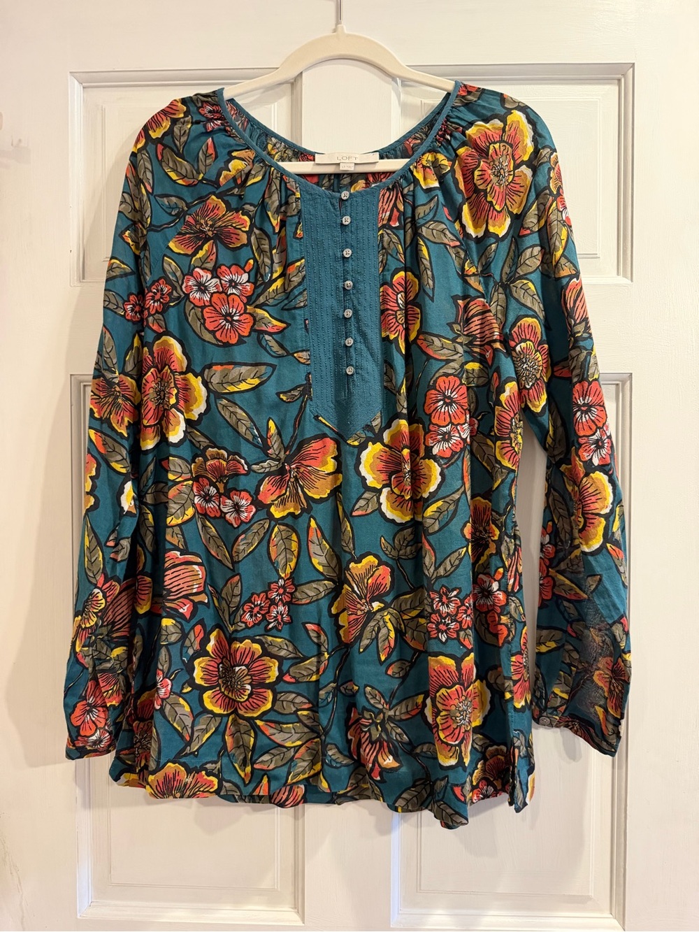 LOFT Teal Floral Henley Tunic with Pink and Yellow Flowers